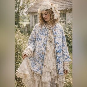 NWOT  Flow Blue coat Floral Blue and Cream Women's Quilted Fleece Jacket